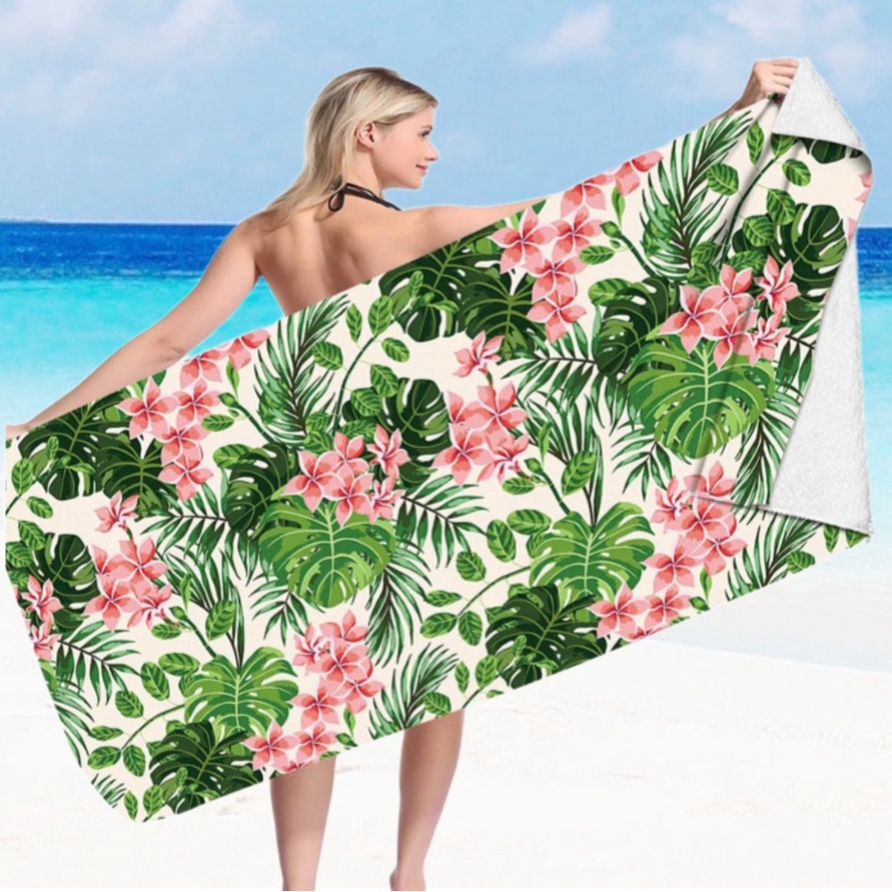 Pink Floral And Palm Leaves Sand Free Beach Towel